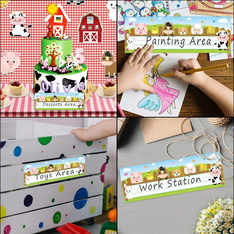 Collage showing Farm Animal Desk Name Plates for Kids in classroom decor and activity stations, 3.25 x 9.5 inches each.