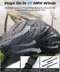 Heavy Duty UTV Cover For 2 To 3 Seaters, Medium Size With Reflective Strip in wind, showing elastic cord and buckles.