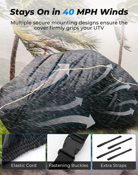 Heavy Duty UTV Cover For 2 To 3 Seaters, Medium Size With Reflective Strip in wind, showing elastic cord and buckles.
