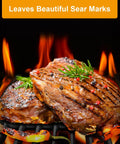 Turn Up The Heat For Your Backyard BBQ Bash With Premium Durable Heat Resistant Enamel Cast Iron Cooking Grid Grates For Four Burner Gas Grill 2 Pack on grilling meat with sear marks.