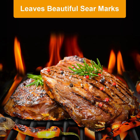 Turn Up The Heat For Your Backyard BBQ Bash With Premium Durable Heat Resistant Enamel Cast Iron Cooking Grid Grates For Four Burner Gas Grill 2 Pack on grilling meat with sear marks.