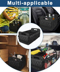 Car Trunk Organizer With Six Big Pockets Waterproof 600D Polyester Storage For SUV Minivan And Truck Durable Cargo Organizer For Back Trunk And Cargo Large Black shown in use in different settings.