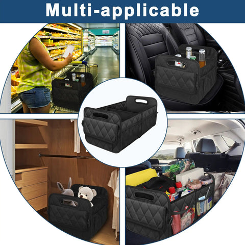 Car Trunk Organizer With Six Big Pockets Waterproof 600D Polyester Storage For SUV Minivan And Truck Durable Cargo Organizer For Back Trunk And Cargo Large Black shown in use in different settings.