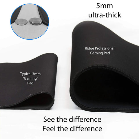 Comparison of a typical 3mm pad and 5mm Massive 46 Inch Extended Gaming Mouse Pad Desk Mat With Stitched Edges Extra Thick 0.20 Inch.