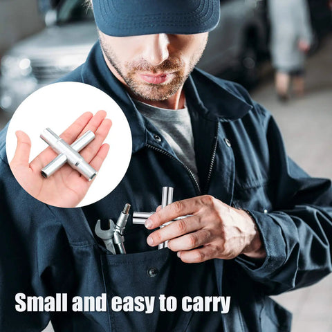 Man placing 4 Way Sillcock Water Key Set 2 Pack Heavy Duty Steel Cross Wrench into pocket, highlighting portability