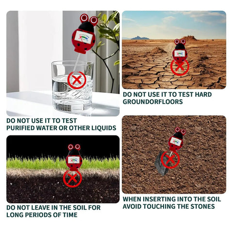 Battery Free Soil Moisture Meter For Houseplants And Outdoor Gardens Hygrometer Sensor Plant Water Meter And Soil Test Kit For Farm Lawn Indoor And Outdoor Use Must Have Gardening Gift For Plant Care showing usage warnings