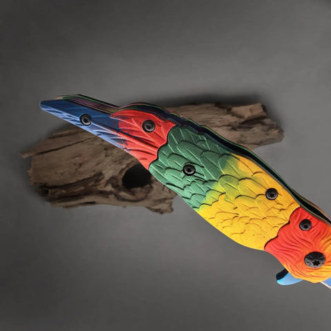 Colorful Parrot Pattern Folding Pocket Knife With Gradient Parrot-Scale Handle, 3-Inch Blue Coated Blade, 7.7 Inch Overall