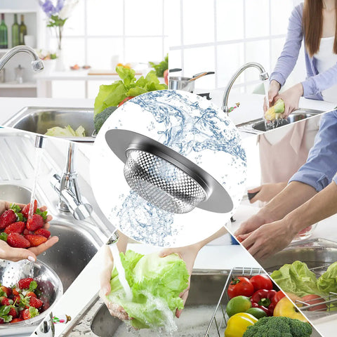 2 Pack Stainless Steel Kitchen Sink Strainers With Large Wide Rim 4.5 Inch Diameter Food Catcher shown in kitchen settings