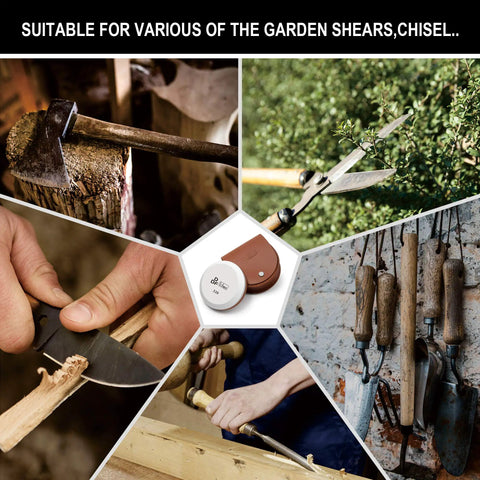 Collage featuring Dual Sided Axe And Hatchet Sharpening Stone With 180 Grit And 320 Grit for woodworking tools and axes