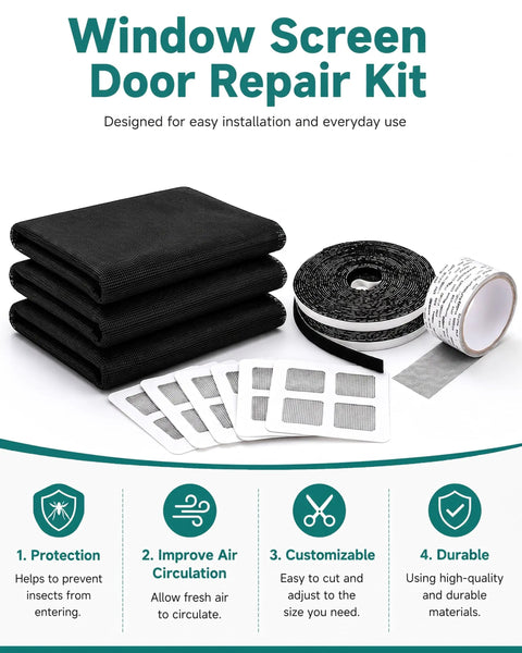 The Real Hassle Free Window Screen Door Repair Kit featuring self adhesive polyester mesh rolls and fastener strips for home projects.