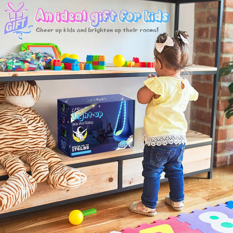 Child beside box of Light Up Kids Pod Swing Chair with LED Lights on toy shelf, featuring colorful play items and a plush tiger.
