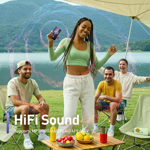 Group enjoying music outdoors with 5 Inch Touchscreen MP3 Player With 128GB Real Storage, Bluetooth, WiFi, Android 13