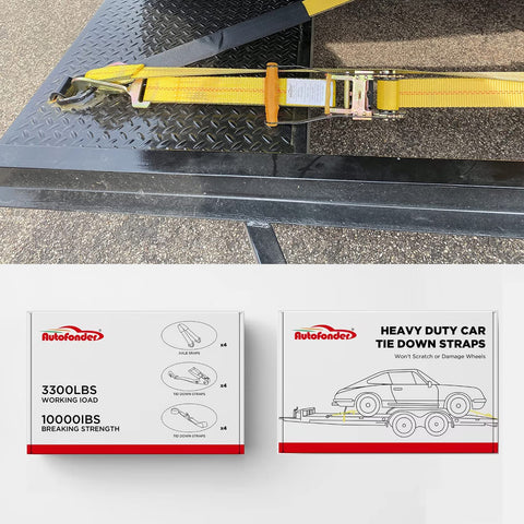 Heavy Duty Car Tie Down Kit With Snap Hooks 10,000 Lb Break Strength 3,333 Lb Working Load Includes 4 Pack 36 Inch Axle Straps