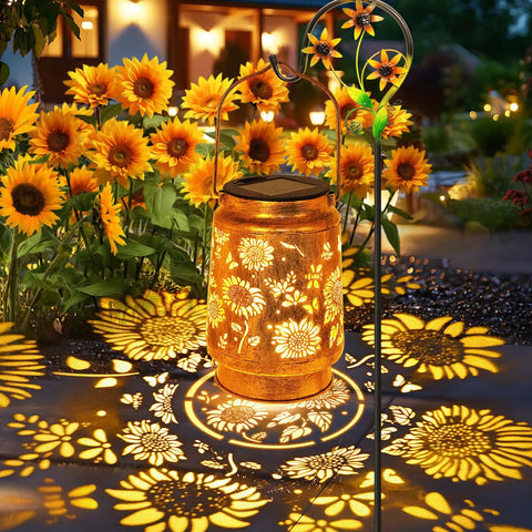 Solar Lanterns Outdoor Hanging Lights Waterproof For Yard Patio Porch Garden LED Decoration With Shepherd Hook Sunflower Pattern Cozy Warm Glow For Nighttime Ambiance Perfect Gift For Women Mom Grandma.