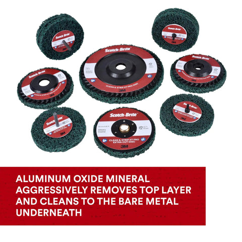 XT Pro Extra Cut Disc for heavy-duty metal stripping, green Type 27, various sizes with aluminum oxide abrasive coating visible.