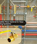 Half Inch Brass Ball Valve With Press Shut Off No Fuss Install EPDM O Ring Fits Both Ends For PEX Tubing installed in piping system