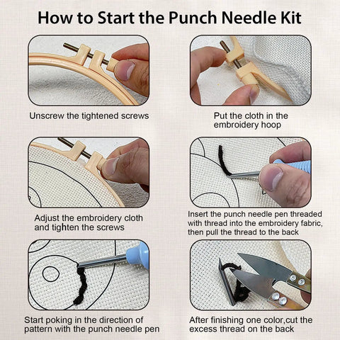 Chill Dope Beginner Punch Needle Starter Kit With Cute Bee Pattern step-by-step setup with embroidery hoop and tools