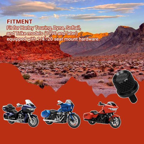 Badass Carbon Fiber 1/4 Inch Motorcycle Seat Bolts knurled quick release shown with Harley Touring Dyna Softail models.