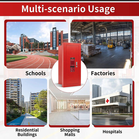 Sleek Semi Recessed Fire Extinguisher Cabinet With Quick Access Safety Door displayed in various settings like schools and factories.
