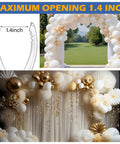 Clear Balloon Arch Clips 30 Pack, 2 Inch Plastic Backdrop Clamps shown in use with white and gold balloon arch decor setup