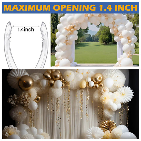 Clear Balloon Arch Clips 30 Pack, 2 Inch Plastic Backdrop Clamps shown in use with white and gold balloon arch decor setup