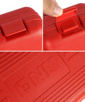 Close-up of red carrying case with latch for 8 Piece Brake Service Kit With Spring Installer And Remover Pliers DIY Friendly Tools Set