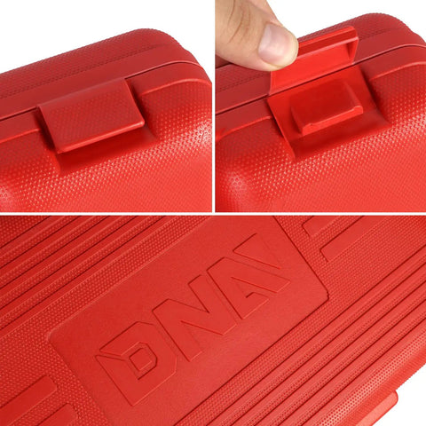 Close-up of red carrying case with latch for 8 Piece Brake Service Kit With Spring Installer And Remover Pliers DIY Friendly Tools Set