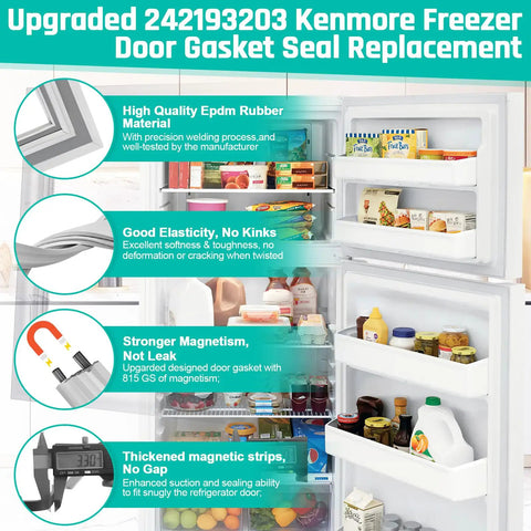 Open refrigerator showing Premium Top Freezer Door Gasket Seal 17.91 X 28.74 Inches For Refrigerator Replacement, Compatible With Frigidaire, Kenmore, Crosley Freezers, Beefed Up Seal That Fits Tight And Keeps Cold Air In installed.