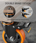 4-inch stem caster wheels with dual locking brakes; orange polyurethane wheels on black swivel frames, set of 4 for furniture and carts.