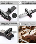 Chisel Sharpening Jig And Honing Guide For Woodworking Chisels And Planes With Pro Grade Angle Control Laser Gauge From 10 To 45 Degrees CNC Machined Jaws For 0.05 Degree Bevel Replication Fits 0.1 To 2.8 Inch Blades Black in use and setup steps shown.