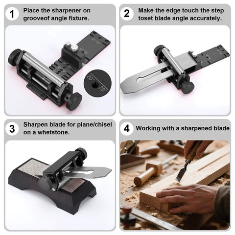 Chisel Sharpening Jig And Honing Guide For Woodworking Chisels And Planes With Pro Grade Angle Control Laser Gauge From 10 To 45 Degrees CNC Machined Jaws For 0.05 Degree Bevel Replication Fits 0.1 To 2.8 Inch Blades Black in use and setup steps shown.