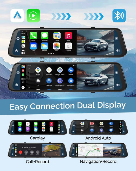 4K Rear View Mirror Camera With CarPlay And Android Auto, 12 Inch Dash Cam Front And Rear With Voice Control display interface