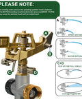 Two Pack Zinc Alloy Impact Sprinklers With Stainless Steel Pulsating Heads On Spike Base Adjustable Water Sprinklers For Large Area Patio Lawn Garden Irrigation And Yard Coverage close-up view showing spray distance adjustment diagram.