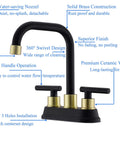 Two Handle Brushed Gold And Black Bathroom Faucet With Pop Up Drain 4 Inch Centerset 3 Hole Sink Faucet 360 Swivel Spout