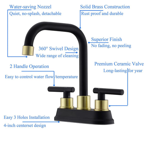 Two Handle Brushed Gold And Black Bathroom Faucet With Pop Up Drain 4 Inch Centerset 3 Hole Sink Faucet 360 Swivel Spout
