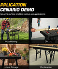 Express Folding Work Table With Quick Setup In Seconds Portable Folding Workbench For Garage And Wood Shop 34W By 25D By 31H shown in various uses like woodworking, DIY, home storage, and combination setup.