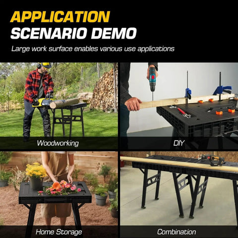 Express Folding Work Table With Quick Setup In Seconds Portable Folding Workbench For Garage And Wood Shop 34W By 25D By 31H shown in various uses like woodworking, DIY, home storage, and combination setup.