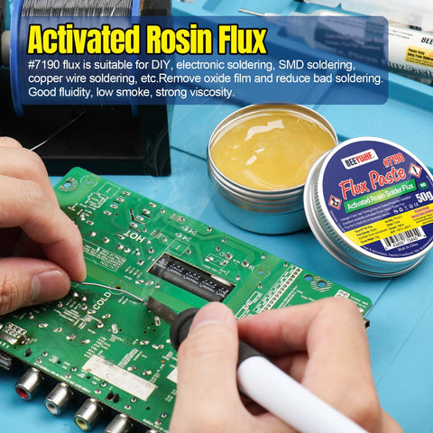 Person soldering PCB next to Rosin Solder Flux Paste For SMD BGA LED PCB IC CPU Electronic Repair And Soldering, 1.76 Oz 50 G