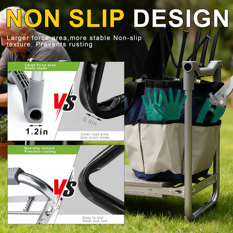 Best Bang For Your Buck Ultimate Garden Kneeler And Seat With Wider 10.2 Inch Pad And 1.6 Inch Thick EVA Foam All In One Heavy Duty Garden Stool With Tool Pouch And Bag Convertible Bench To Kneeler Chair Perfect Gift For Parents Women And Seniors, showing non-slip design details and tool pouch.
