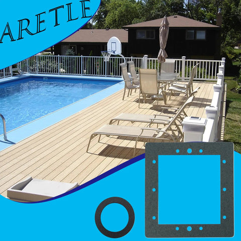 Replacement Above Ground Pool Skimmer And Return Gasket Kit 863000 with poolside view and gasket images