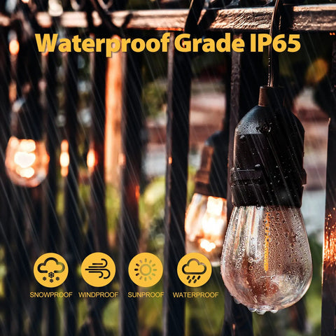 Close-up of waterproof Solar Outdoor String Lights 48 Ft LED With 15 Hanging Sockets waterproof shatterproof pergola lights S14 Edison Bulbs.
