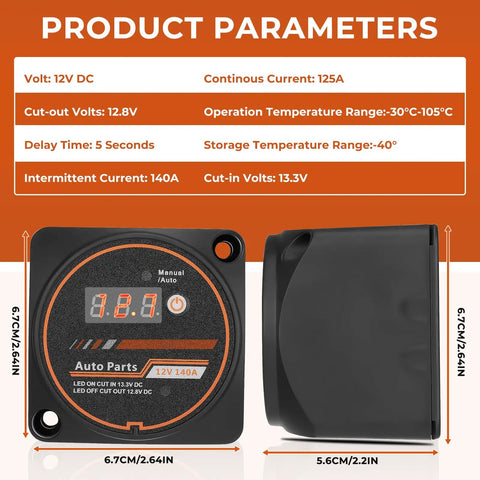 Road Ready 12 Volt Automatic Dual Battery Isolator Kit With 140 Amp Voltage Sense Relay Vsr for RV Boat Truck showing product parameters and dimensions.