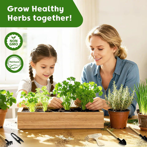 Woman and girl using Ultimate Easy-Peasy 8 Herb Indoor Garden Starter Kit for Newbies with Seeds Dill Sage Mint Parsley and More