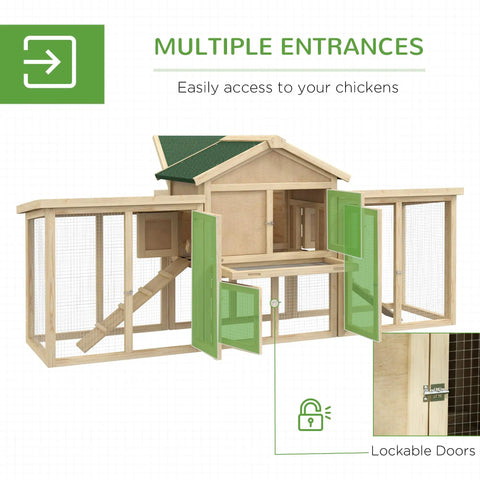 80 Inch Wooden Chicken Coop With Nesting Box And Double Run Design Outdoor Hen House showing multiple entrances and open doors.