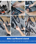 Assembly of Adjustable Bicycle Surfboard Rack With Upgraded Design For Shortboards Longboards SUPs Paddles Windsurfing Boards And Skis Universal Bike Carrier Constructed From Aluminum And Stainless Steel Rotatable Angles For Easy Mounting And Smoother Rides