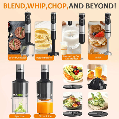 Heavy Duty Cordless Hand Blender 1000W Stick Mixer With Turbo Mode And 12 Speeds For Creamy Soups Smoothies And Thick Batters No Sweat Kitchen Workhorse With Stainless Chopper Frother components layout showcasing 860ml chopper, potato masher, whisk, spiralizer, citrus juicer.
