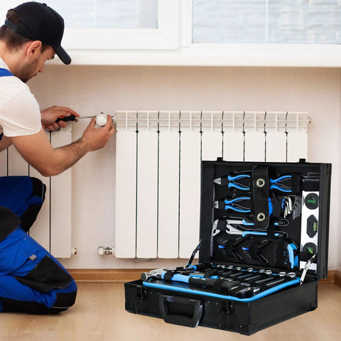 Mechanic Tool Set With 247 Piece Aluminum Case for quick home and auto repairs, open case near radiator being repaired