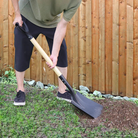 Man using 41 Inch Square Shovel With D-Handle for Easy Digging and Snow Clearing, big flat head tool on garden soil.