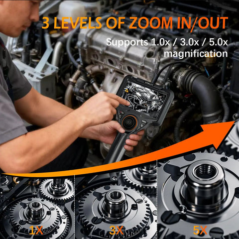 Dual Lens 360 Degree Borescope With Light, 5 Inch HD Monitor, 4 Way Joystick Inspection Camera, Pro Grade Slim 0.25 Inch Probe, 5 Ft SemiRigid Industrial Endoscope For Automotive Maintenance And Mechanical Diagnostics in engine bay use