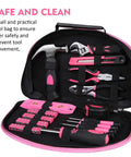 Pink 52 Piece Hand Tool Set With Easy Carry Round Pouch For DIY Home Repairs And Everyday Projects Durable Beginner And Weekend Warrior Home Improvement Kit open to show tools.